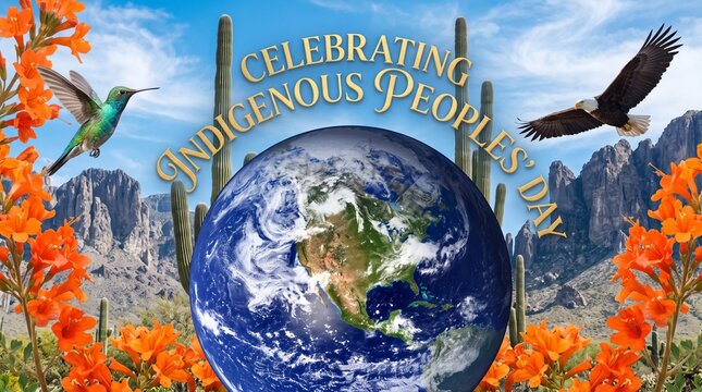 A vibrant artistic illustration celebrating Indigenous Peoples' Day, featuring a central Earth globe, a soaring bald eagle, a hovering hummingbird, desert cacti, and bright orange wildflowers.