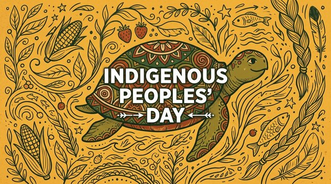 Artistic Illustration Celebrating Indigenous Peoples' Day Featuring a Turtle Shell Motif with Corn, Fish, and Botanical Elements on a Warm Yellow Background