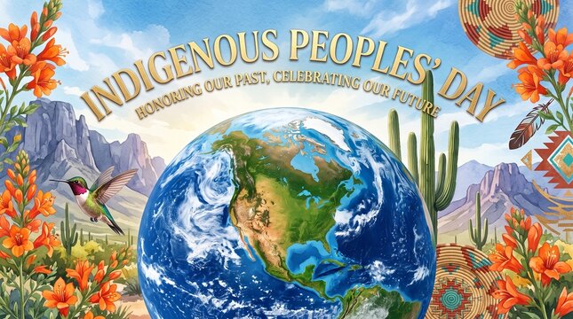 Indigenous Peoples Day artistic graphic featuring a globe of Earth, desert landscape with saguaro cactus, hummingbirds, and vibrant orange wildflowers under a sunny sky