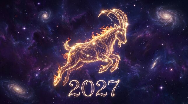 Capricorn Fire Goat Zodiac Leaping on Galaxy Stars Celestial Astrology Constellation Illustration