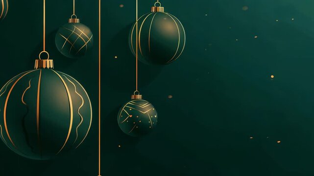 A sophisticated holiday scene featuring dark green ornaments with elegant gold detailing, suspended against a matching muted green backdrop. Small, bokeh-like lights add to the festive atmosphere.