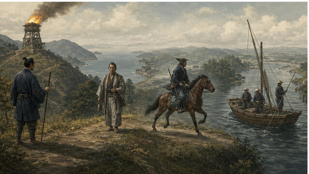 Mounted traveler approaching a river ferry in rural Japan
