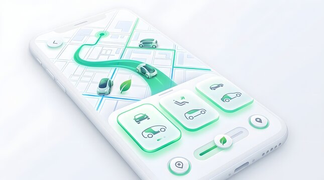 Modern smartphone interface showing abstract green graphic elements and floating user interface control buttons design