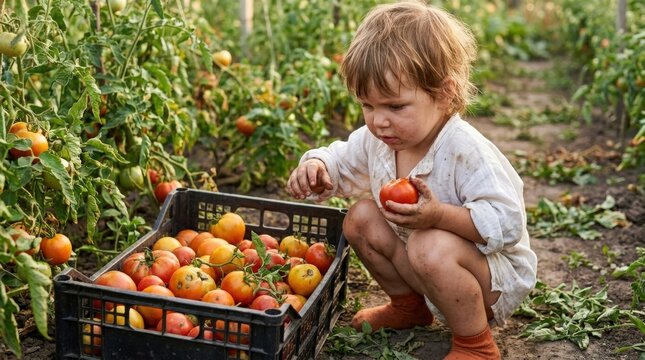 Young child picking ripe tomatoes from a garden and placing them in a crate.