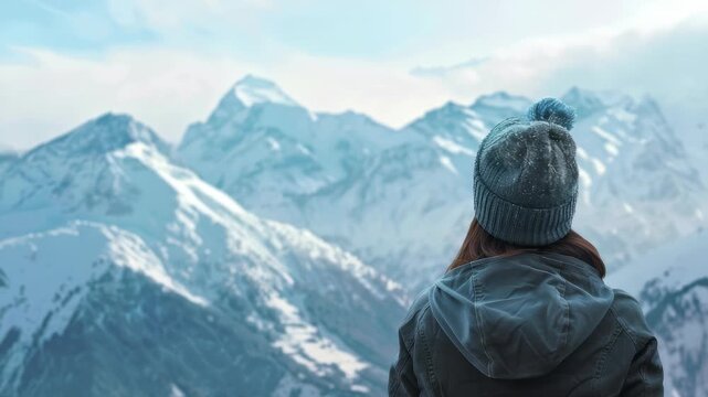A woman wearing a warm winter hat and jacket is gazing out at a stunning range of snow covered mountains under a blue and cloudy sky, enjoying a moment of reflection and appreciation of nature.