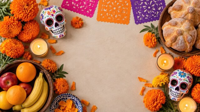 D&iacute;a de los Muertos Flat Lay with Marigolds Bread Fruit and Sugar Skulls