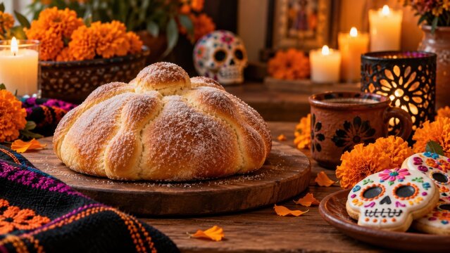 Pan de Muerto Bread with Marigolds and Sugar Skull Decorations