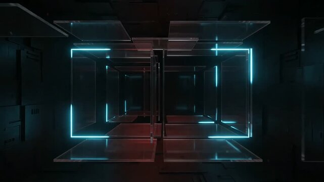 Abstract 3D Glass Plates and Neon Lights Tunnel Loop Motion Graphic.