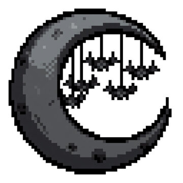 Grey Crescent Moon with Hanging Bats Pixel Art Game Asset 