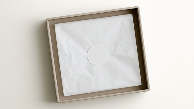 Open box with crinkled white tissue paper and a round sticker