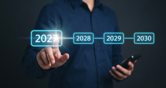 Business Timeline for Future Planning from 2027 to 2030 on a Touch Screen