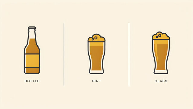 Minimalist beer icon set with bottle, pint, and glass. Flat vector illustration of craft beer containers for brewery branding and bar menus.