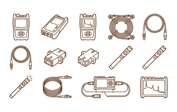 Fiber optic measurement tools and telecommunication testing vector illustration with otdr devices optical meters couplers and cords