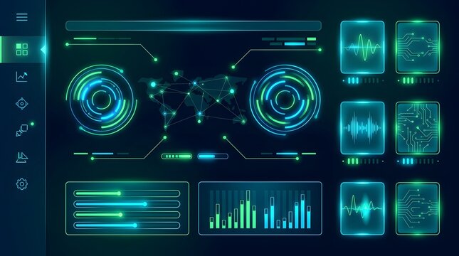 Futuristic digital dashboard admin panel ui ux design featuring advanced data visualization and cyber interface elements