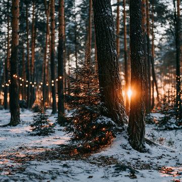Small christmas tree with lights glowing in a snow-covered pine forest at sunset