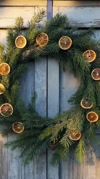 Green holiday wreath decorated with dried citrus slices