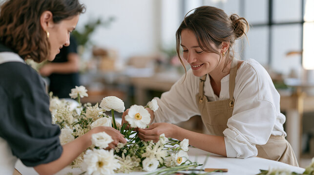 A twenty something florist apprentice learning to construct a sympathy standing spray from a mentor at a worktable covered with white blooms, funeral floral training, professional
