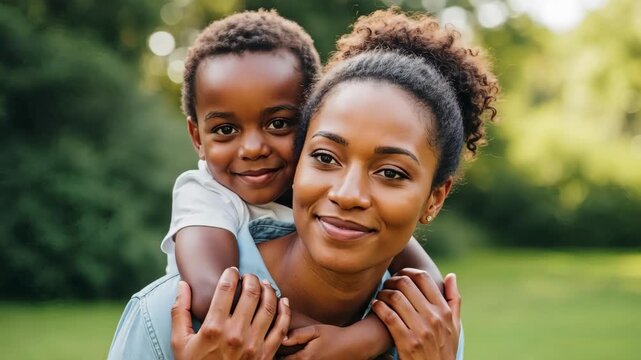 African-American mother carrying her smiling child piggyback through a lush green outdoor park video