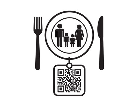 Family icon on a dinner plate with fork and knife and a digital QR code for restaurant menu