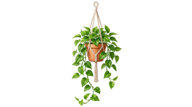 Bohemian macrame hanging plant, lush green pothos in terracotta pot, decorative indoor trailing ivy for home interior design isolated PNG with Transparent Background