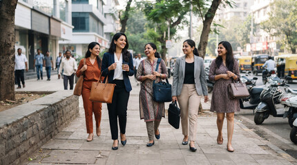 Fototapeta premium Group of Indian women walking on a city street during the day