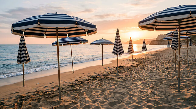 Stunning sunset on sandy beach with blue and white striped beach umbrellas