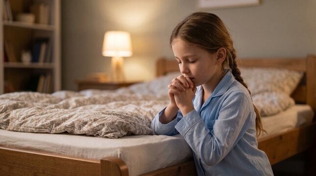 Little girl praying by her bed at night before sleep in cozy bedroom