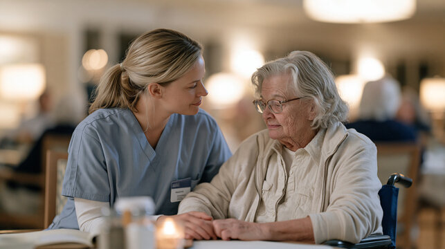 A memory care nurse sitting beside a disoriented patient during a sundowning episode at dusk in a long term facility common room, late day dementia agitation, sundown syndrome