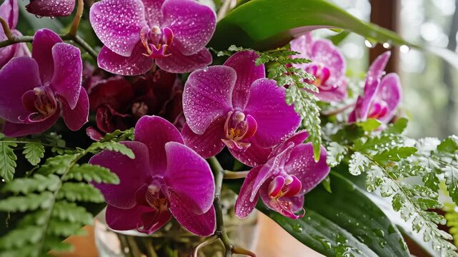 Exotic Orchid Blossoms and Emerald Ferns in Luxuriant Botanical Arrangement with Gentle Daylight for Serene Floral Composition, Dewy Flower Arrangement, and Tropical Flower Footage Video