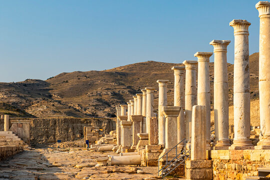 Ancient Roman colonnaded street with stone columns and paved road in ancient city ruins