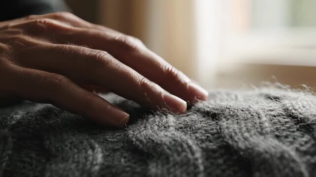 Hand gently stroking knitted grey textile surface, emphasizing tactile weave and subtle texture detail