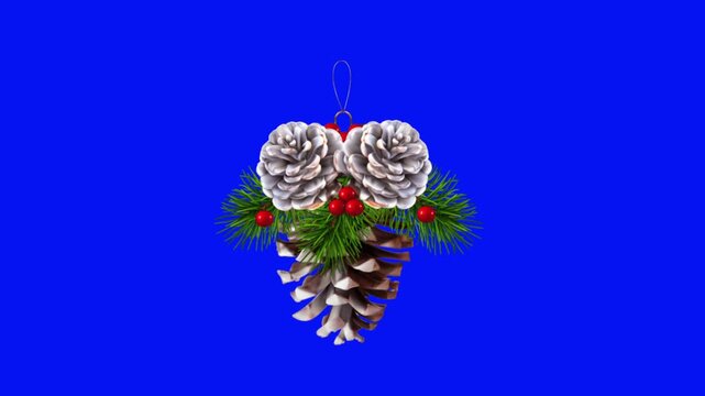 3D Animated Christmas Pine Cones Ornament with Berries on Blue Screen