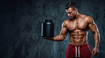 Fototapeta premium Muscular shirtless male bodybuilder holding blank black protein powder tub mockup for sports nutrition advertising against dark grunge background fitness supplement and extreme gym strength concept