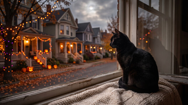 black cat sitting on a windowsill overlooking a softly decorated Halloween street, glowing pumpkins outside, autumn night atmosphere, family-friendly spooky mood, Halloween Party