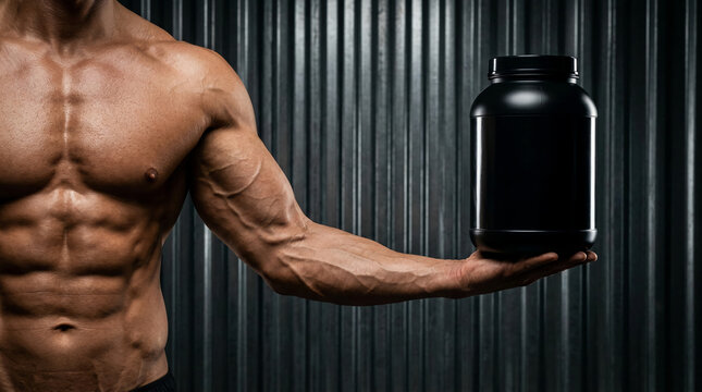 Muscular shirtless bodybuilder holding a blank black protein powder tub mockup for sports nutrition against a dark corrugated metal background fitness supplement advertising and extreme gym strength