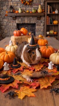 Small guinea pig surrounded by miniature pumpkins, autumn leaves and tiny Halloween decorations, Halloween Party