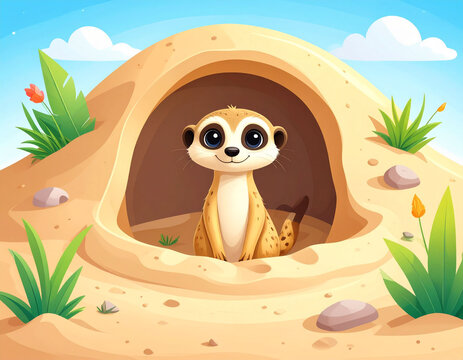 an animated scene features a little creature emerging from a burrow within a small hill, set against a light sky with scattered white clouds