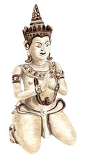 Fototapeta premium Thai ceramic figure of kneeling dancer in Anjali Mudra, Si Satchanalai Thailand (14th-15th century AD). Sukhothai kingdom glazed stoneware, worshipping Apsara figurine. Artwork.