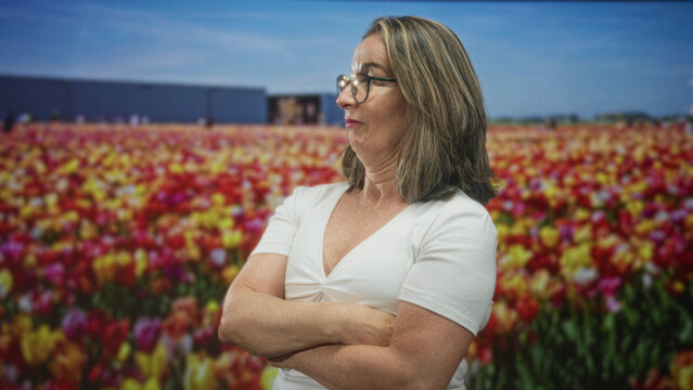Hispanic senior woman with grey hair and glasses, arms crossed in studio before a large tulip field mural, looking dismissive; defiance independence.