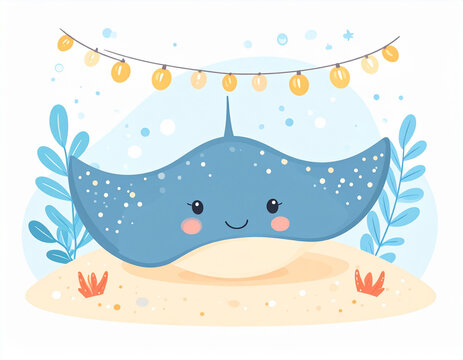 the image depicts a cartoon scene of a stingray resting on a sandy bottom. the stingray is light blue with white spots, a cream colored underside, and a smiling face with rosy cheeks