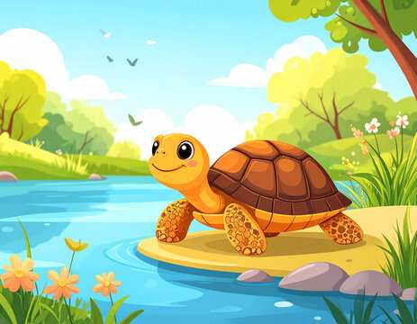 the scene is a bright and cheerful illustration featuring a smiling turtle. it is positioned on a sandy bank bordering a serene body of water
