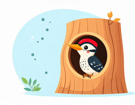 a stylized cartoon bird with a red head is perched inside a hollow tree trunk. the bird has a bright yellow beak, with white and black markings on its body