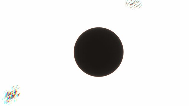 Large centered black circle levitates on a stark white illuminated background with dark peripheral fragments in a 3D animation