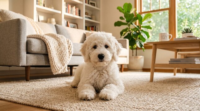 White puppy lying on rug in living room with sofa with puppy lies bookshelf furniture relaxing interior indoor animal furry cozy home cute dog pet with rug with rug