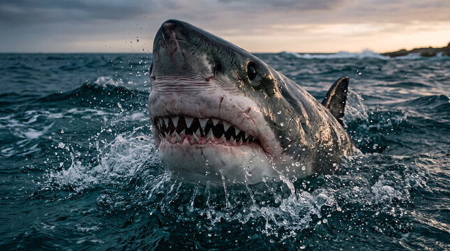Megalodon shark breaching ocean surface with open mouth