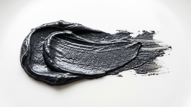 Charcoal grey cream smear on white background with substance cosmetic material product texture makeup smooth sample paste black shiny