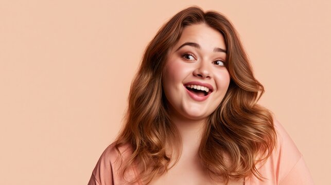 Cheerful plus size woman smiling and looking away on a peach background