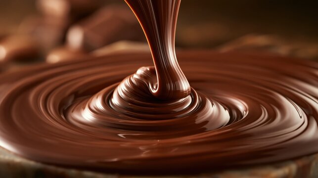 Close up of melted milk chocolate pouring and swirling