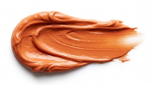 Terracotta orange cosmetic cream smear on white background with close up moisturizer skincare product texture makeup beauty lotion spread glossy smooth swipe