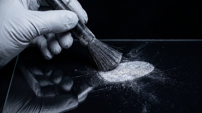 Gloved hand dusting fingerprint with brush on black surface with law enforcement crime scene holds brush identification investigation collection forensic evidence analysis